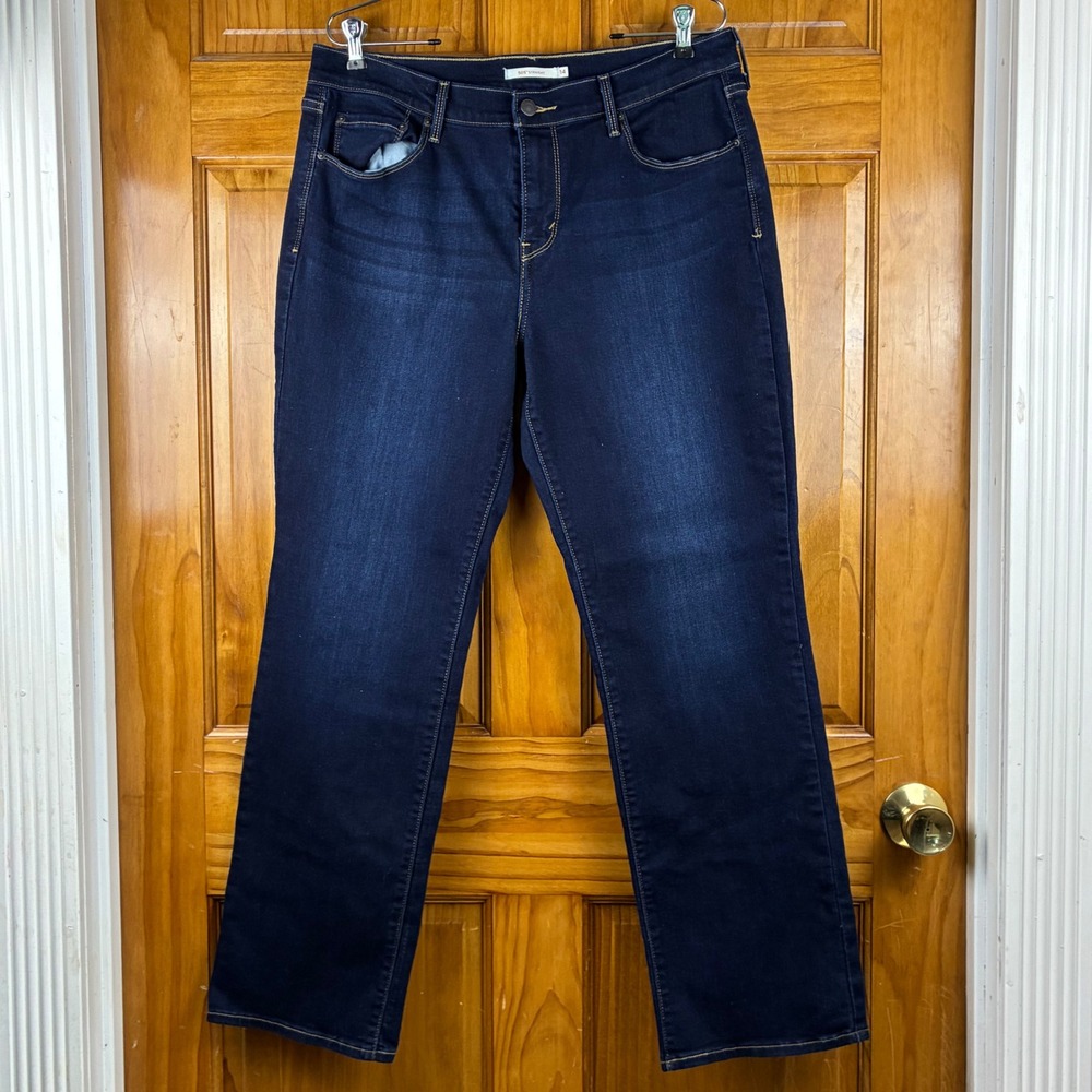 Levis 505 Straight Leg Jeans Dark Wash Indigo Blue Denim Womens 14S Mid Rise
